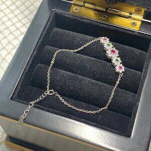 Sterling Silver 925 Floral Bracelet w Natural Ruby (Stated), CZ Accents